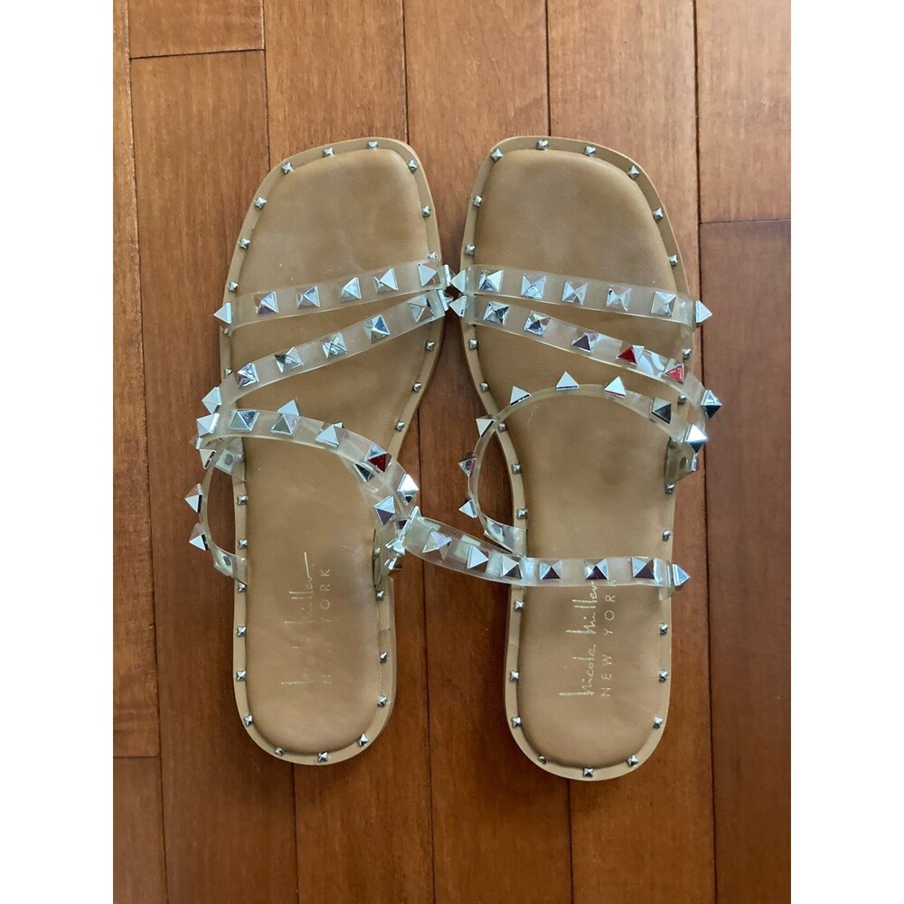 Nicole Miller Tanny Womens Clear Studded Strappy Flat Slide Sandals Size 6
